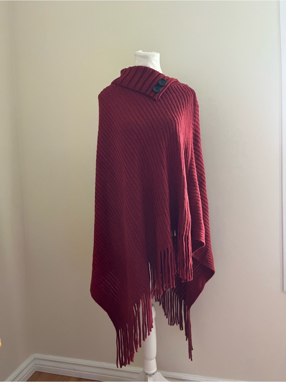 Women’s Burgundy Knit Fringe Poncho with Buttoned Collar